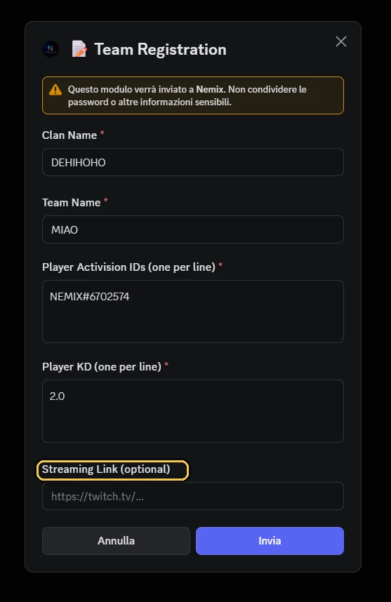 Il modulo di iscrizione che si apre su Discord, coi suoi cinque campi