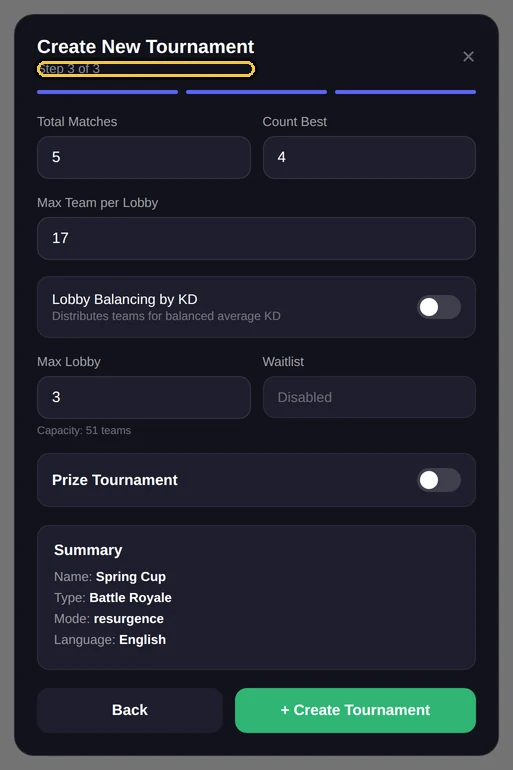 Il terzo e ultimo passo della creazione torneo, coi numeri di partite e lobby