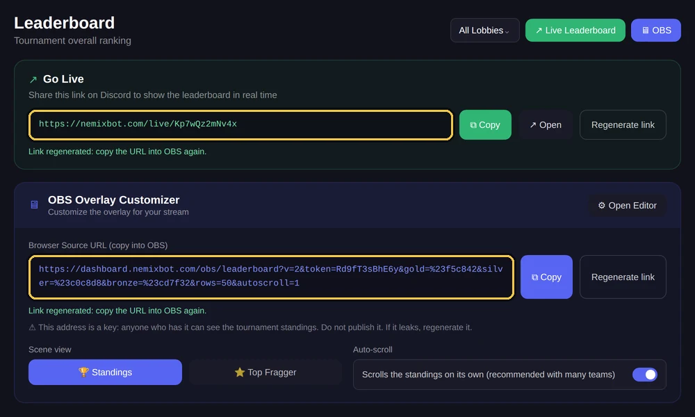 Il pannello con il link pubblico e l indirizzo della scena, uno sopra l altro